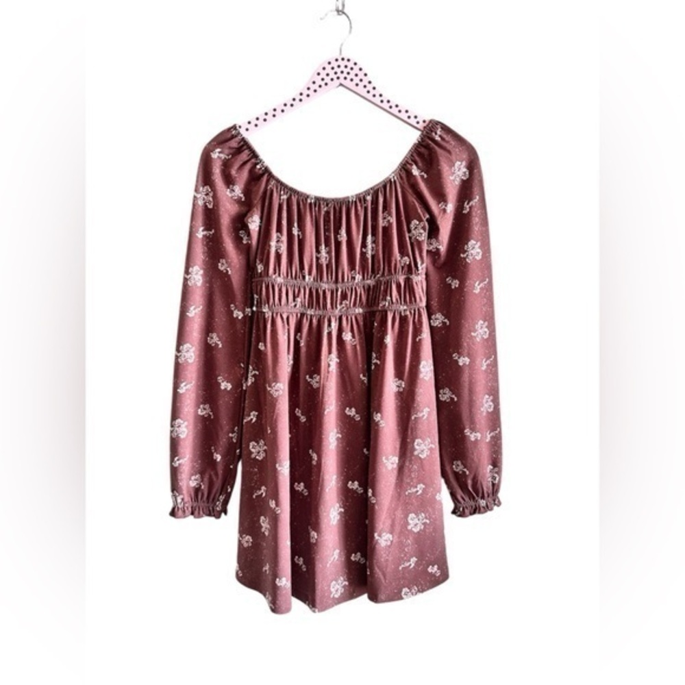 SO XS cinched waist floral long sleeve smocked pink dress cottagecore peasant